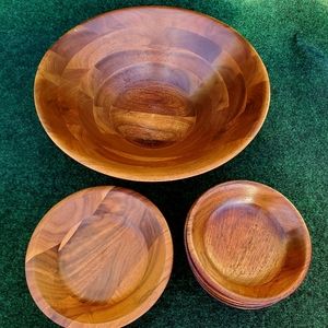 VTG AMERICAN WALNUT SALAD BOWL MIS-MATCH SET LOT OF 7, 13IN LARGE BOWL, 6 SALAD